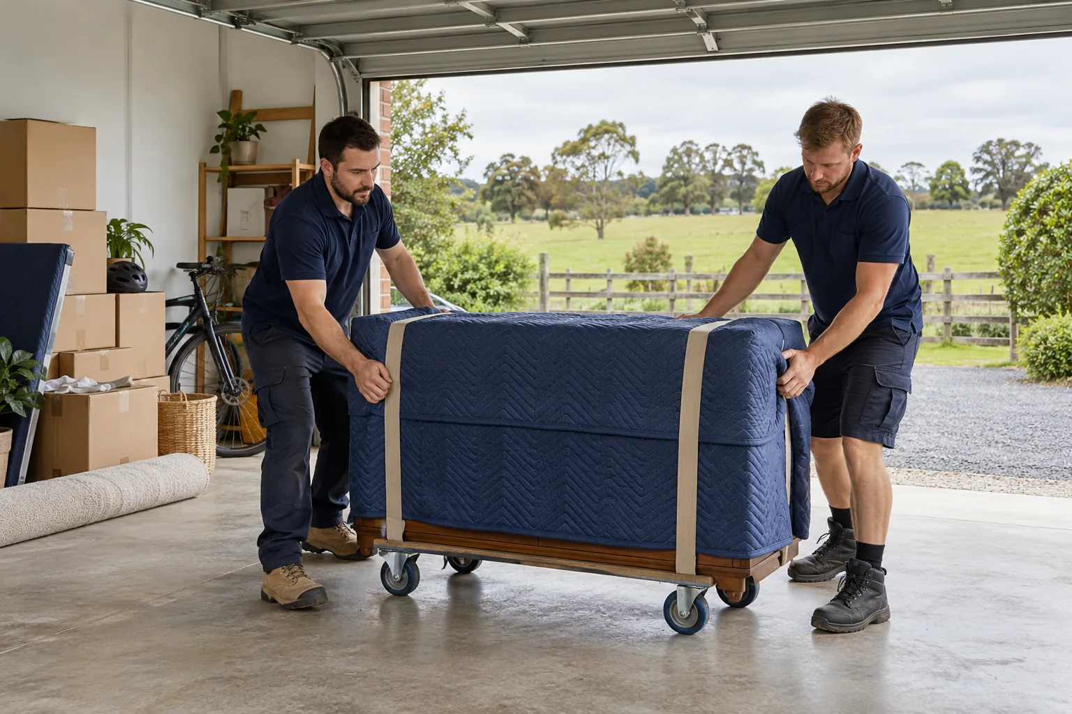 Two removal workers steadying a padded chest of drawers on a dolly inside a clear domestic garage