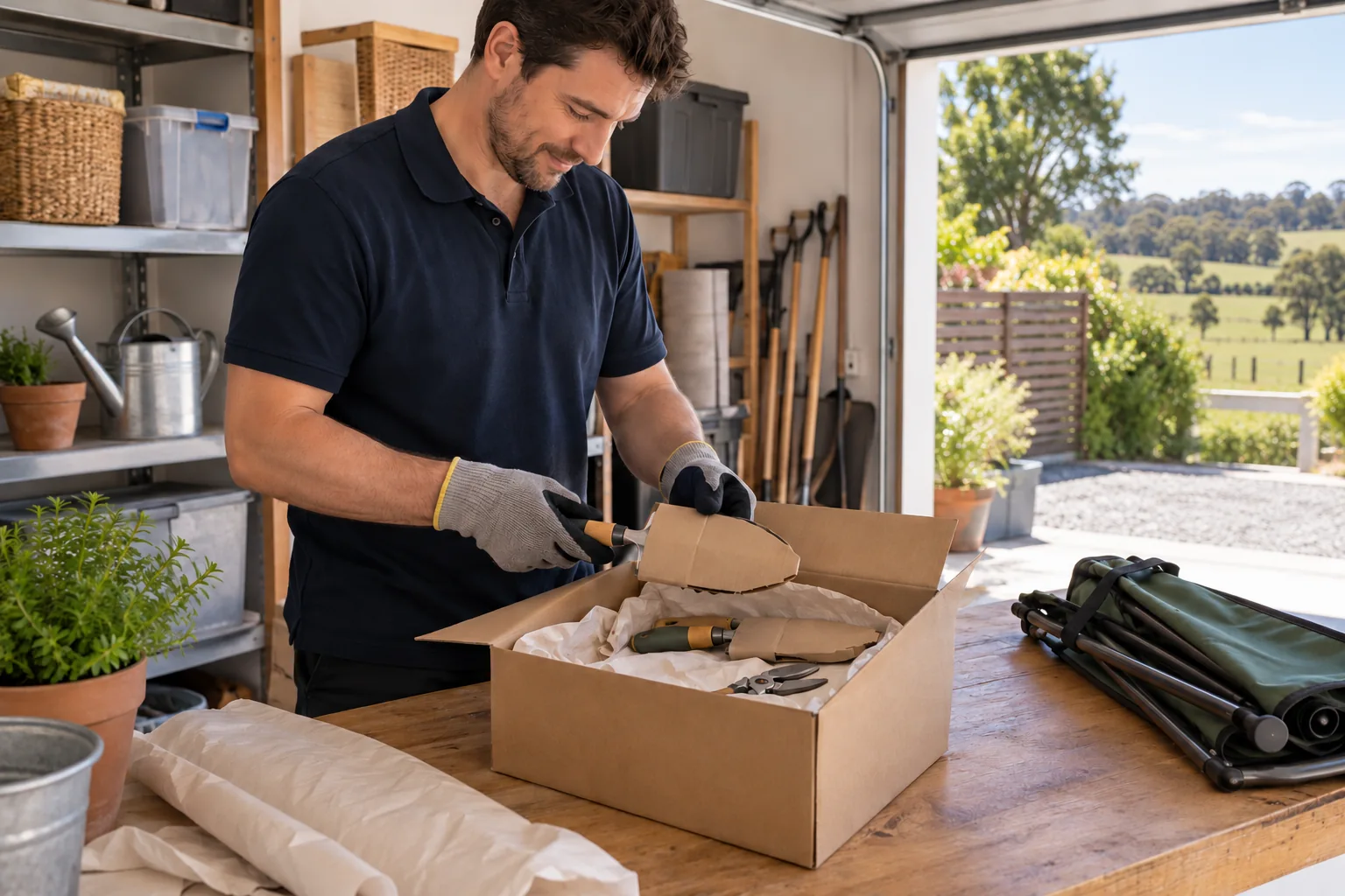 A person wearing gloves packing clean hand tools with protective cardboard guards into a cushioned carton
