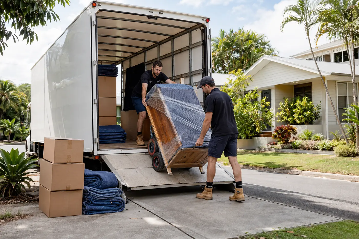 Removalists loading wrapped furniture at a Brisbane home for interstate transport to Tasmania