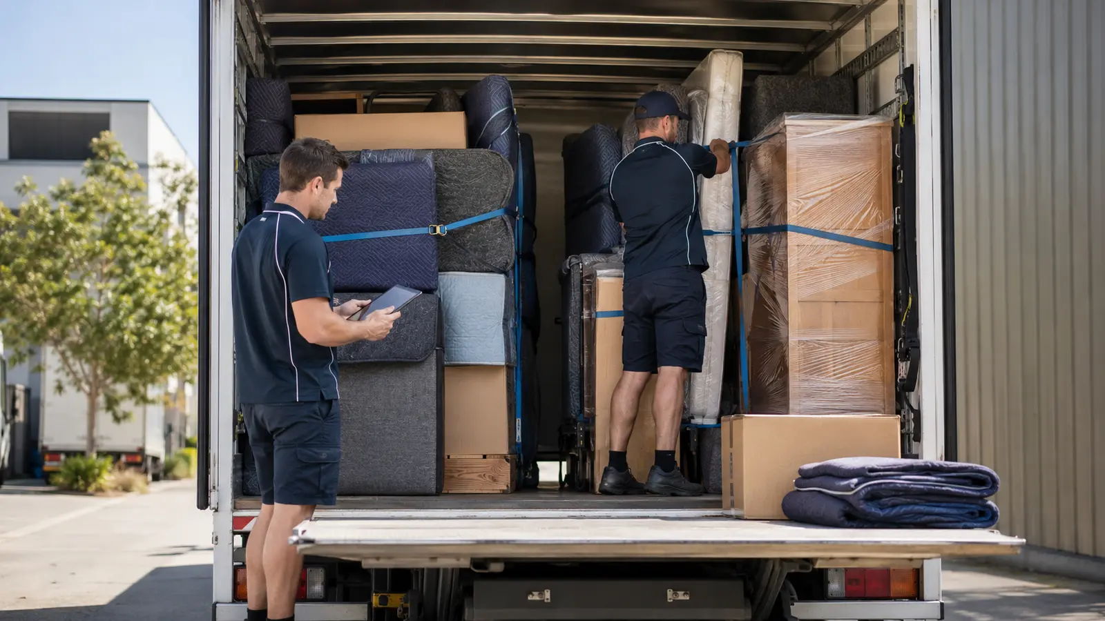 Removalists planning and securing furniture inside an interstate moving truck