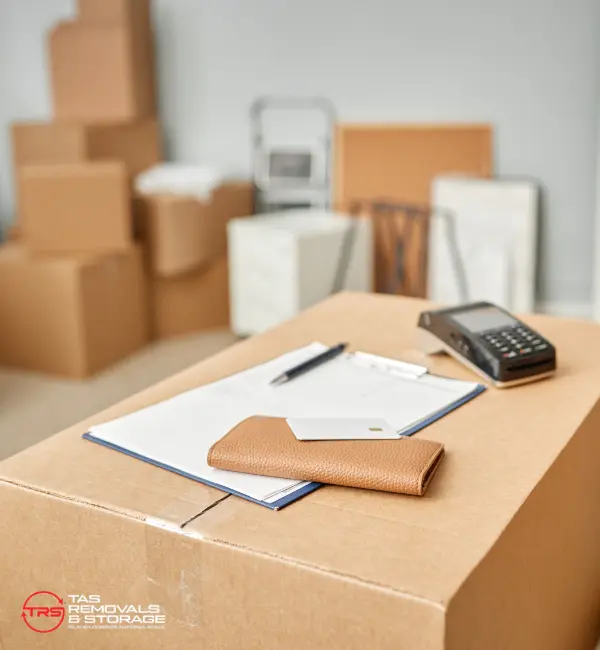 Business relocation checklist planning in Tasmania with labelled crates, packed office equipment and staged commercial loading