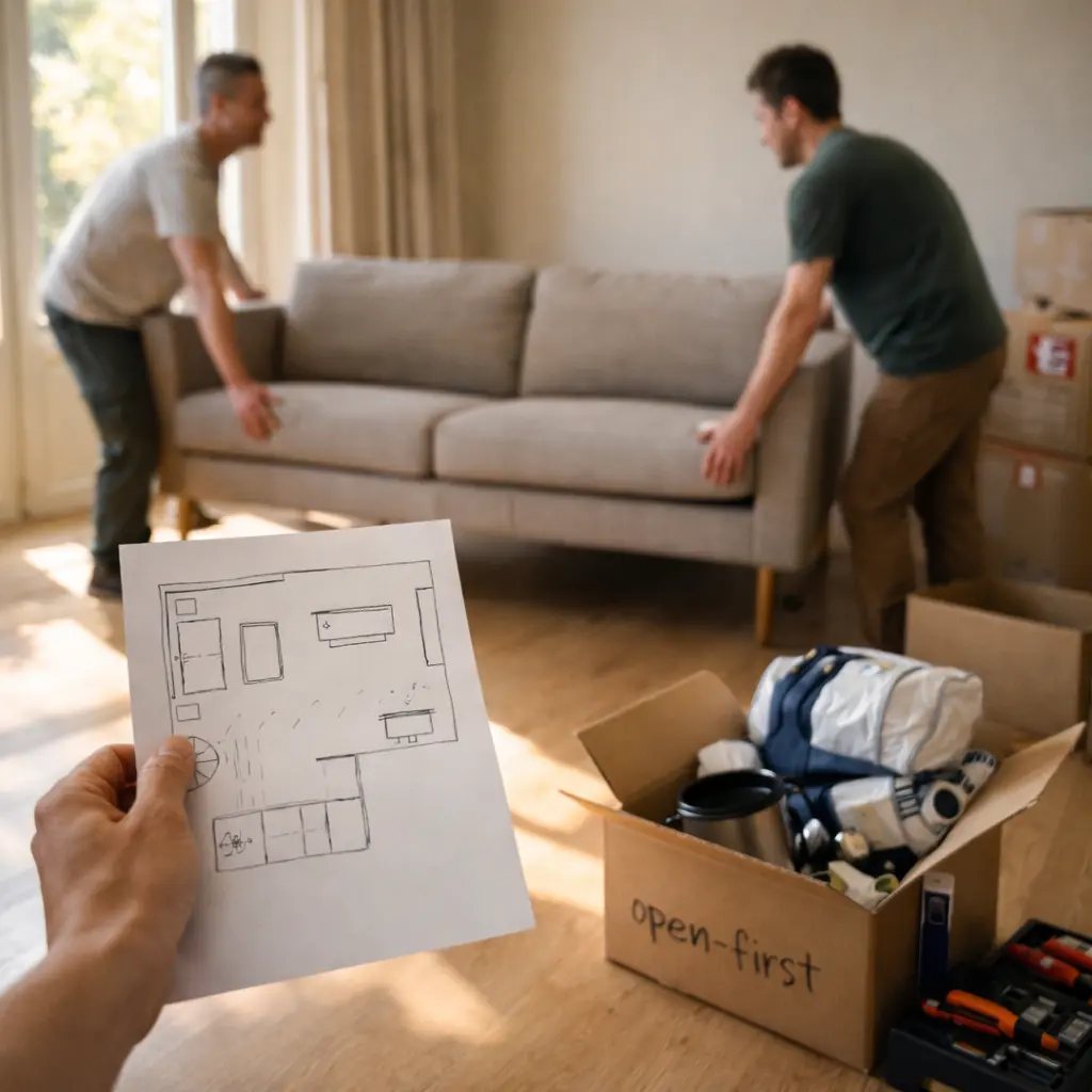 Delivery week checklist showing unloading plan, room labels, and first-night essentials for a mainland move