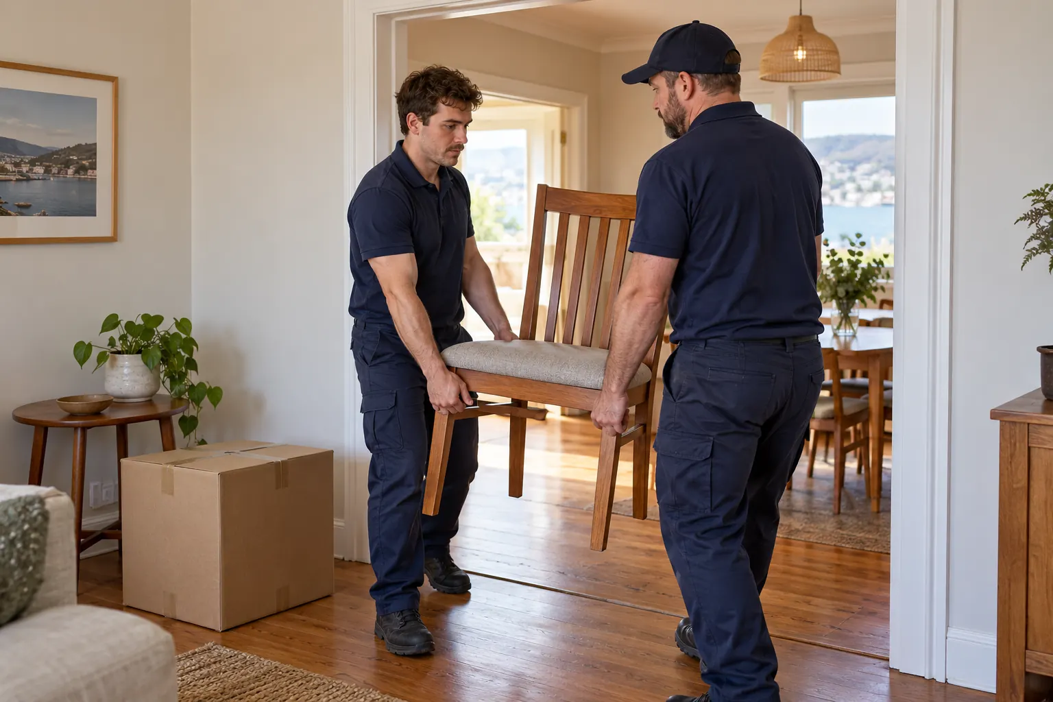 Illustration of two movers carrying a dining chair through a clear doorway