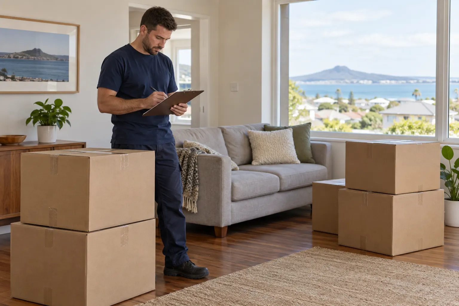 Illustration of a mover checking an inventory beside packed household cartons