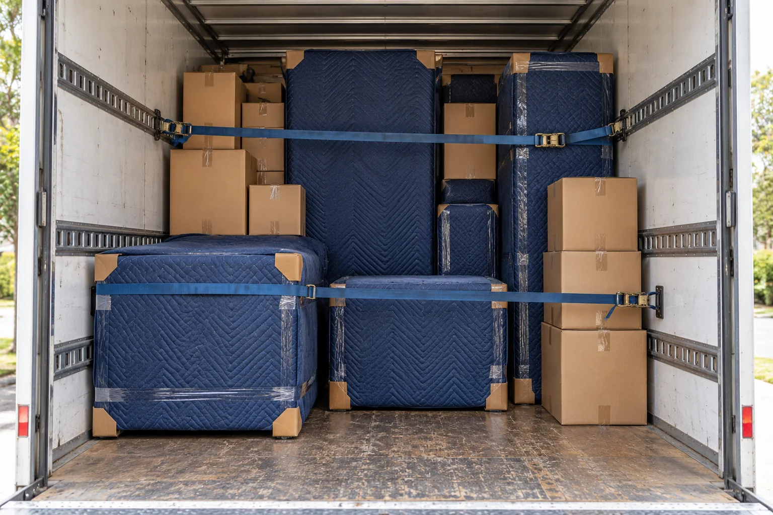 Blanket-protected furniture and cartons restrained inside an unbranded removal truck