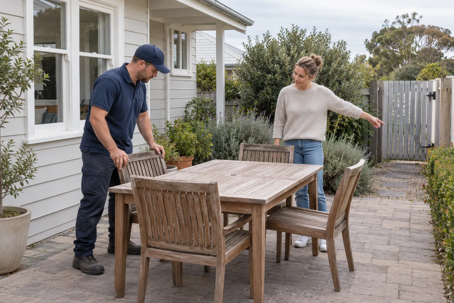 A removal worker and homeowner checking a patio dining setting and the clear path through a side gate