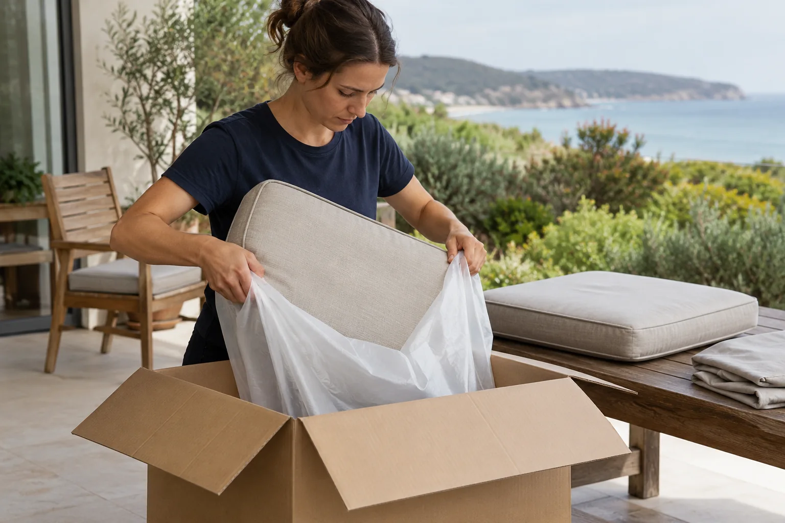 A packer preparing clean dry outdoor chair cushions for protective packaging beside a patio chair