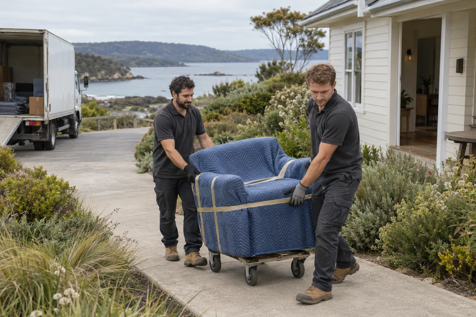Two movers guiding a protected armchair on a furniture dolly along a coastal-home path