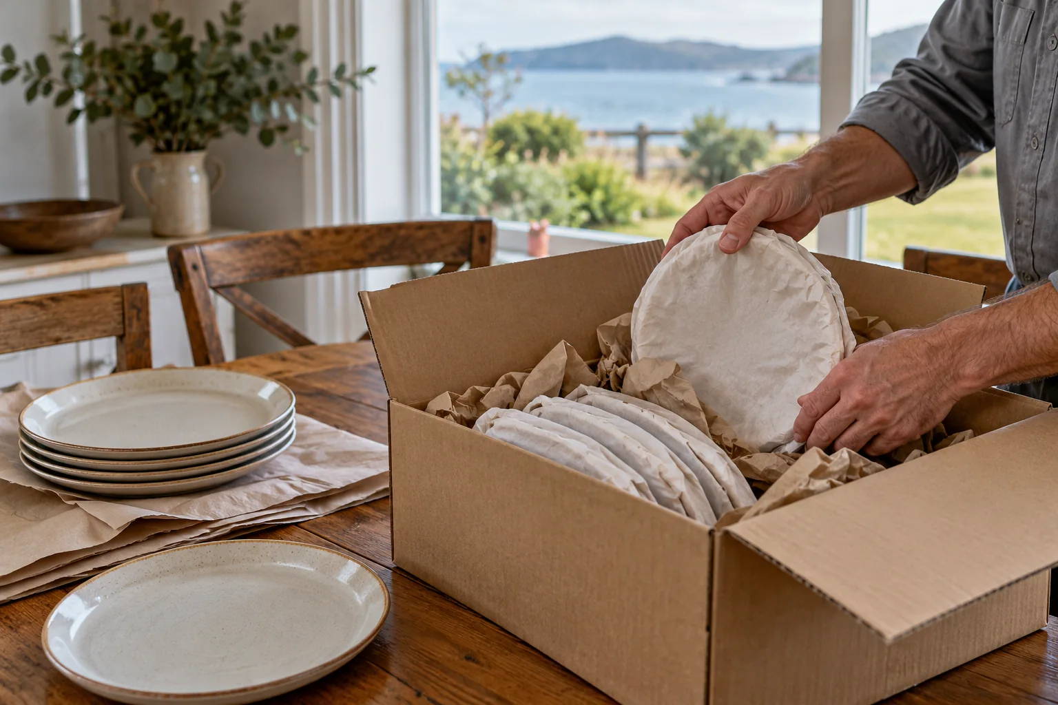 Paper-wrapped plates being packed upright in a cushioned moving carton