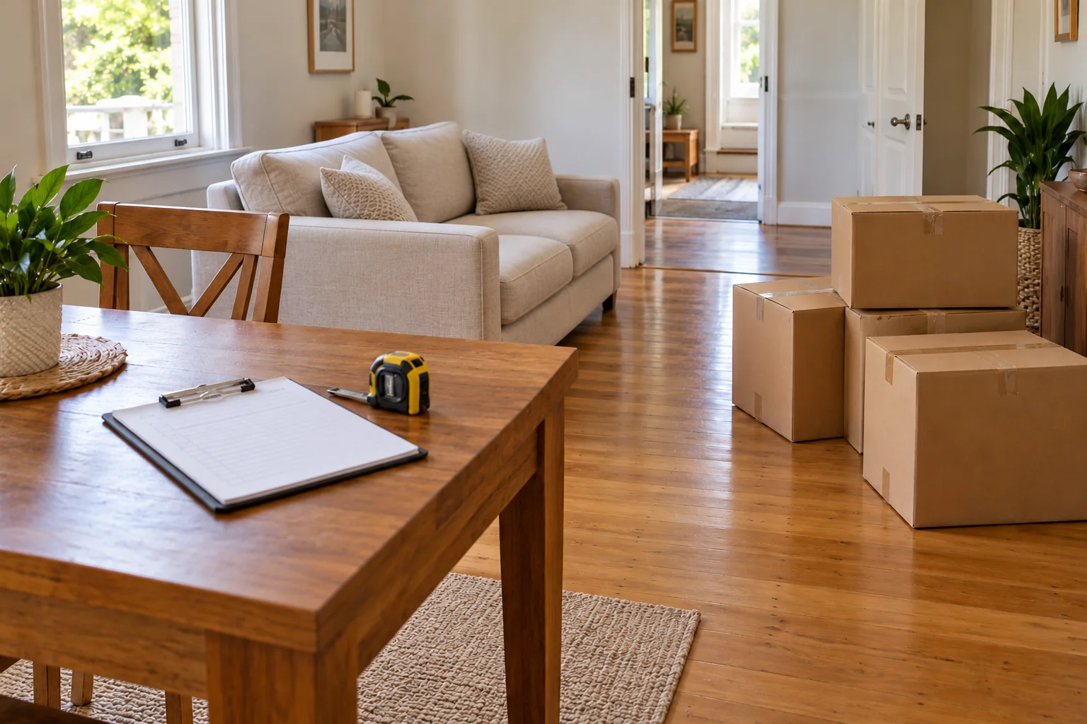 Uncovered household furniture, moving cartons and an inventory clipboard before packing begins