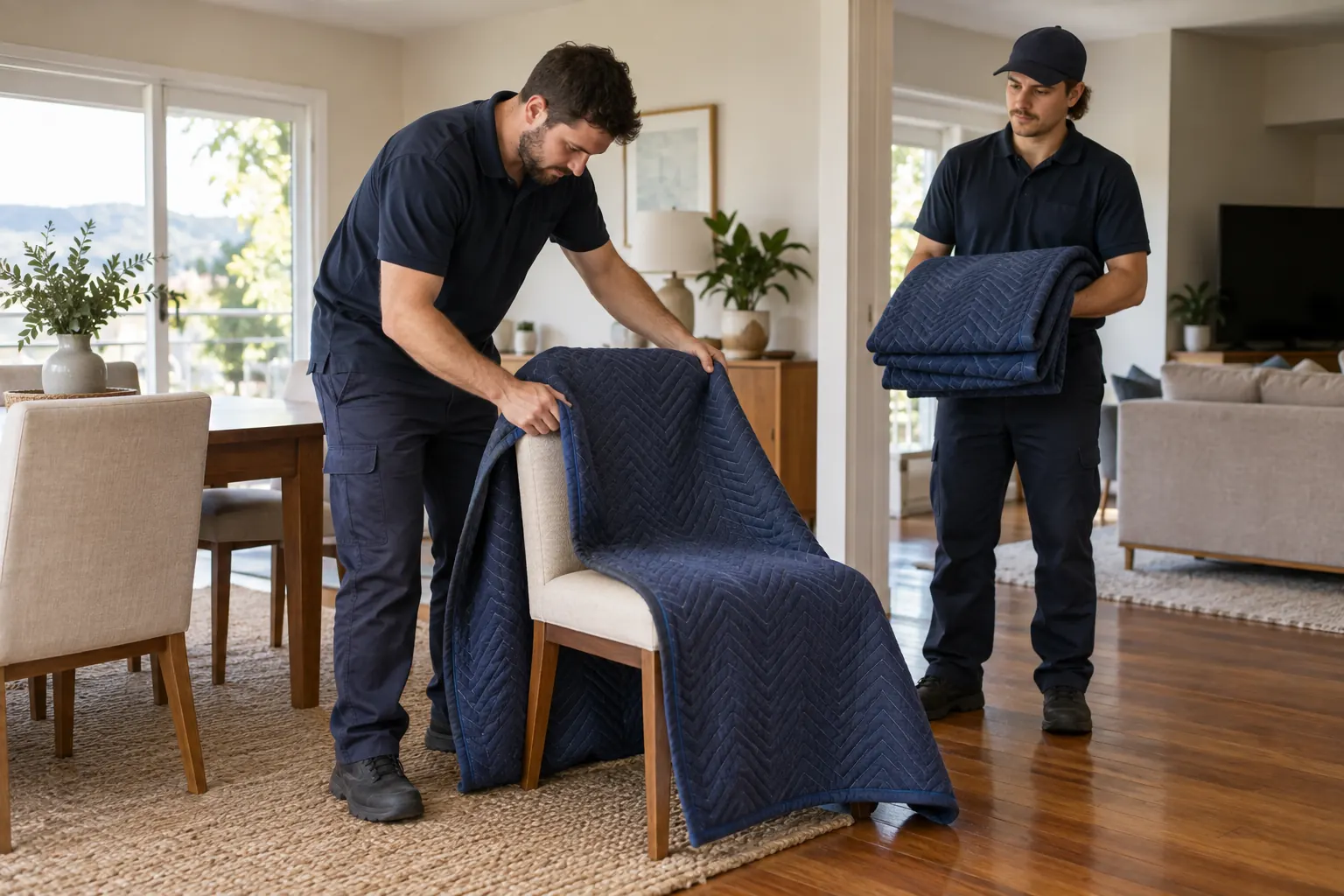 Illustration of a mover wrapping a dining chair in a moving blanket