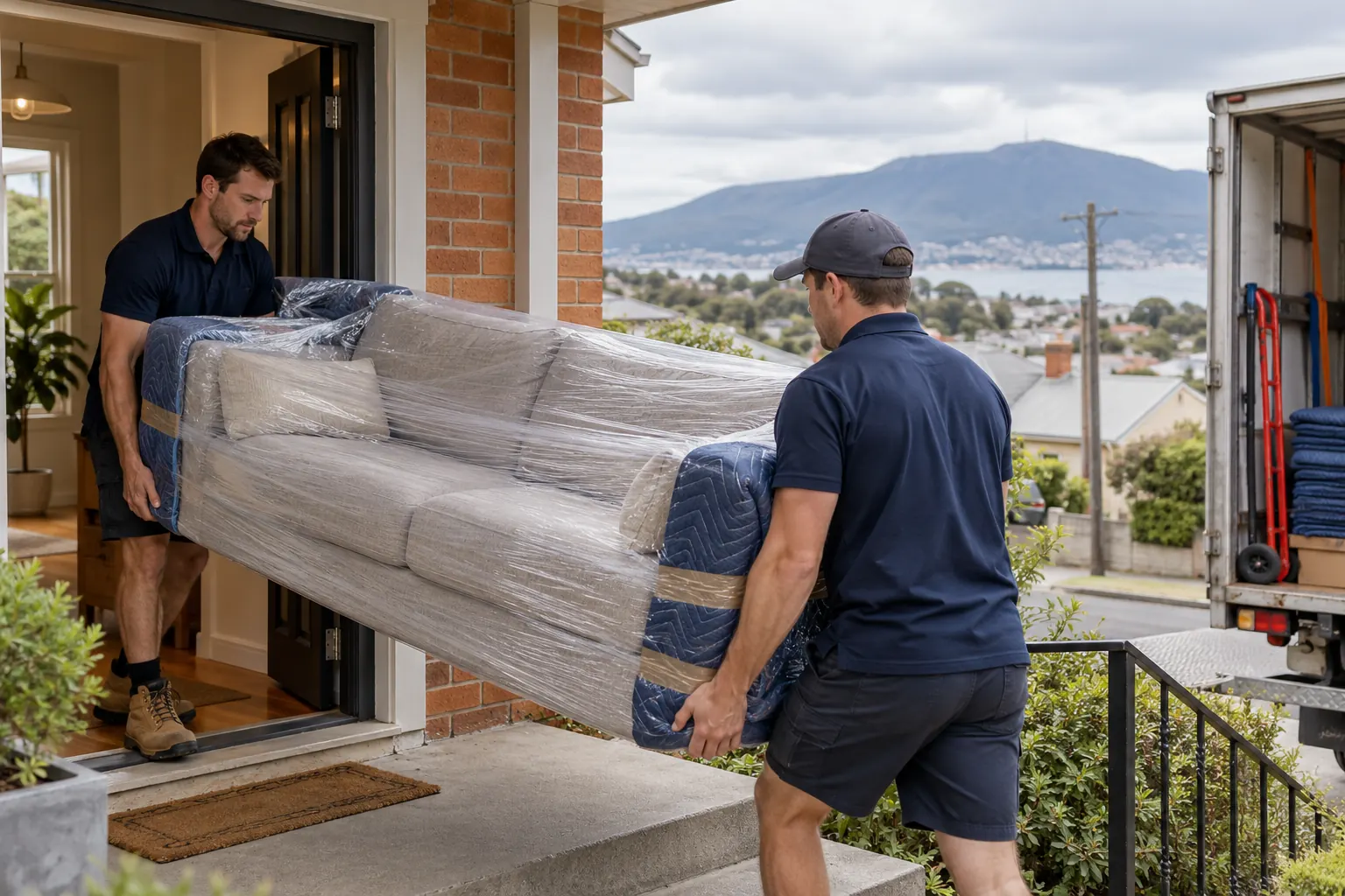 Illustration of furniture movers carrying a protected sofa at a Hobart home