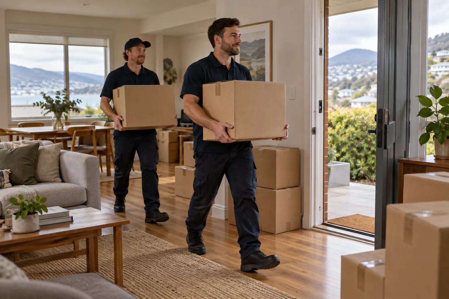 Illustration of two movers carrying sealed cartons through a Hobart home