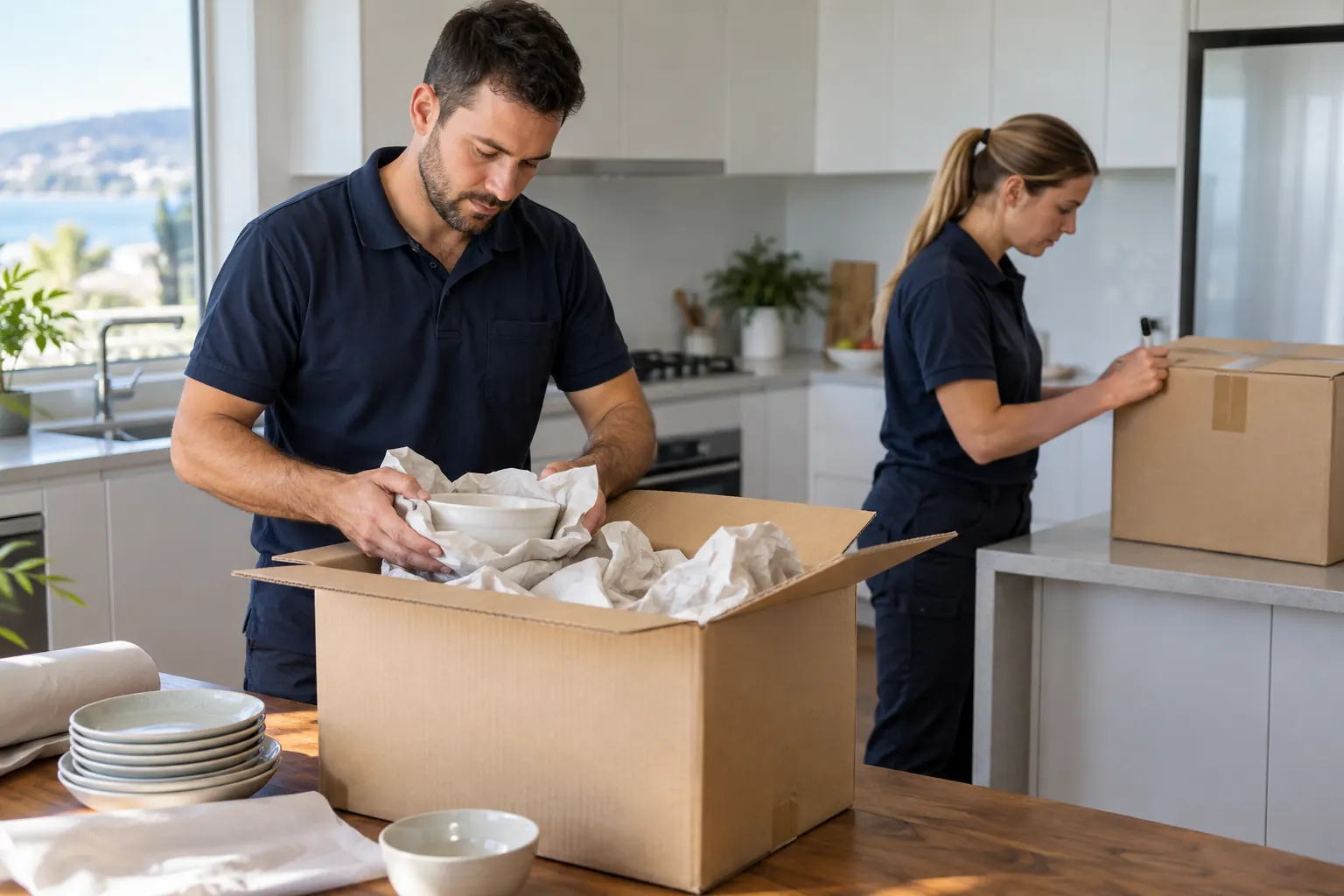 Illustration of a mover packing kitchen crockery in a cardboard carton