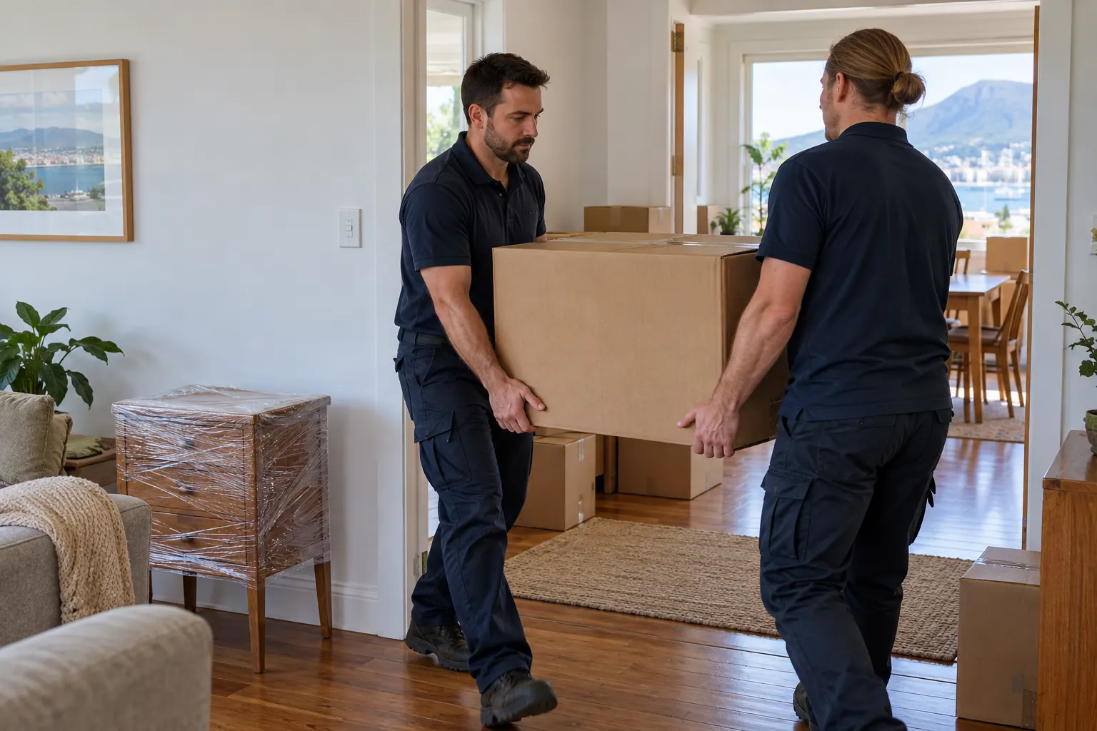Illustrative scene of two movers carrying a sealed carton through a Hobart home