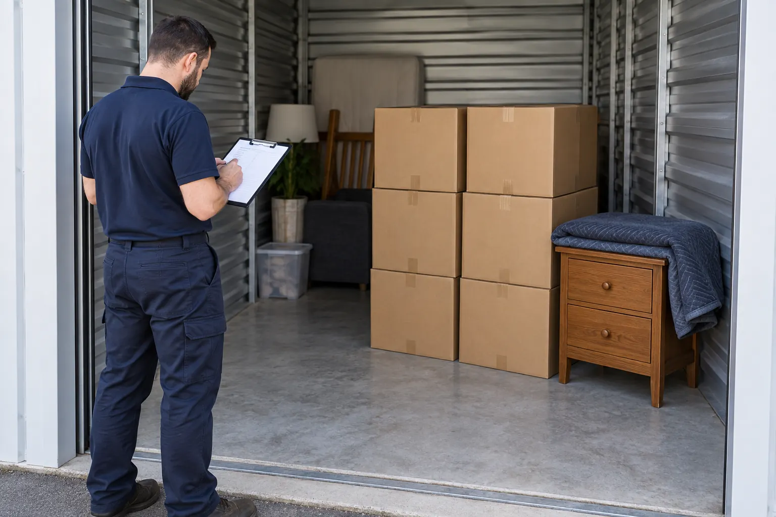 Illustrative scene of a mover checking an inventory beside stored cartons and a cabinet