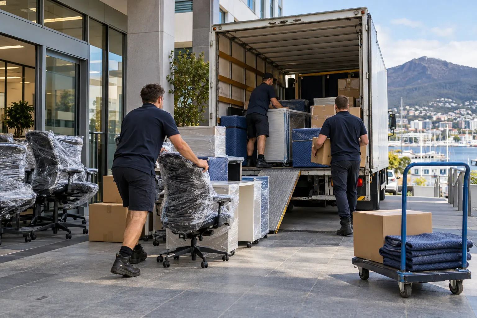 Illustration of office chairs and furniture being loaded into a removal truck