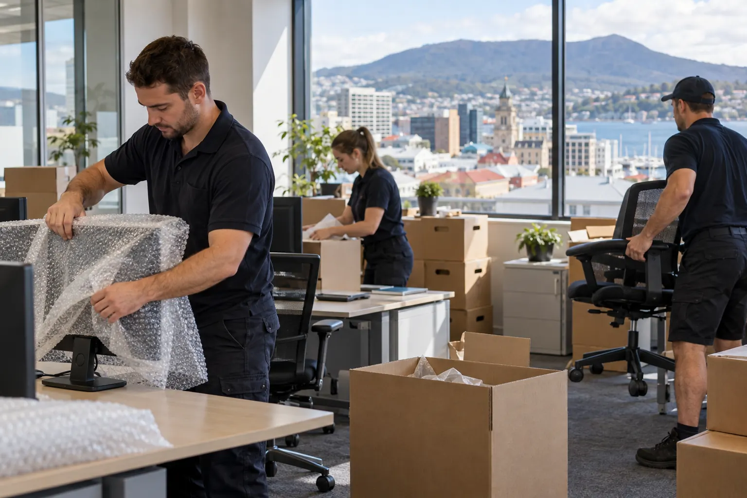 Illustration of movers preparing office furniture and monitors for transport