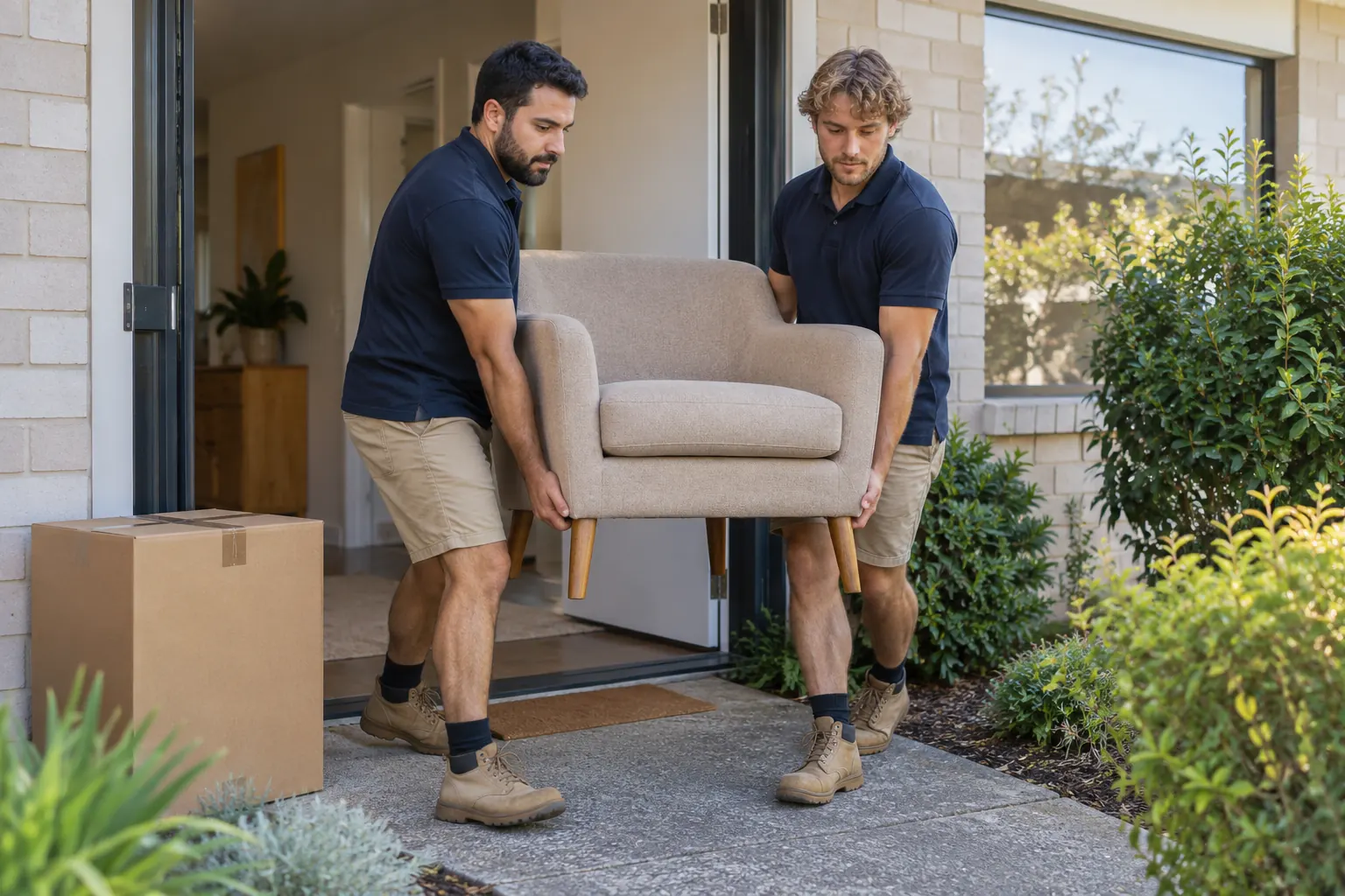 Illustration of two movers carrying a small armchair from a home