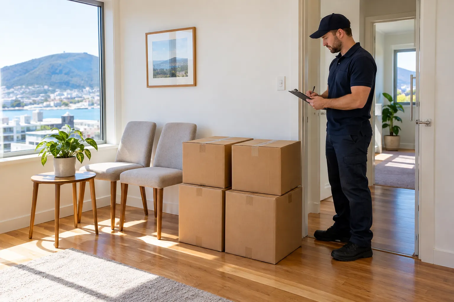Illustration of a mover checking a small inventory beside chairs and cartons