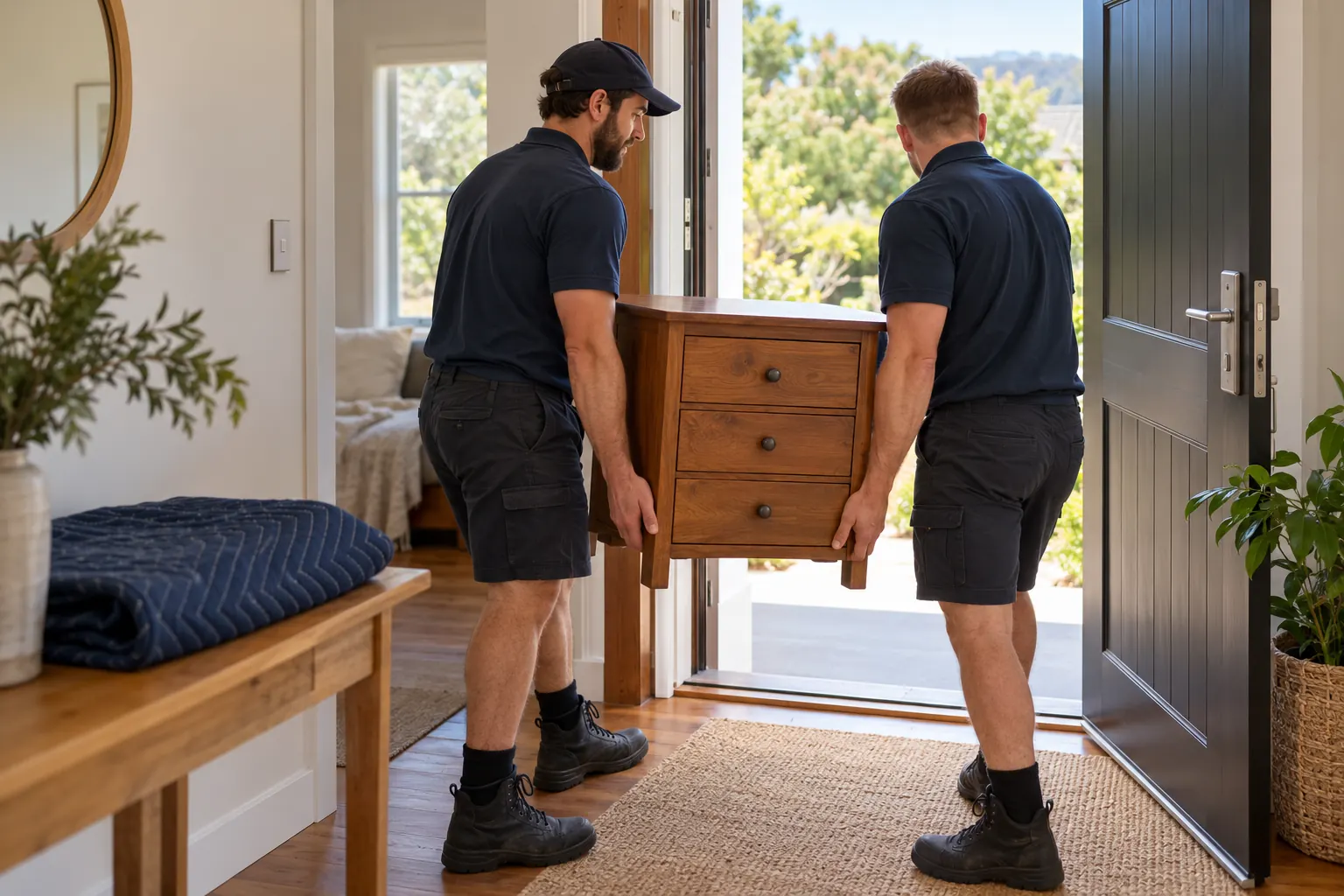 Illustration of two movers carrying a timber bedside cabinet through a doorway