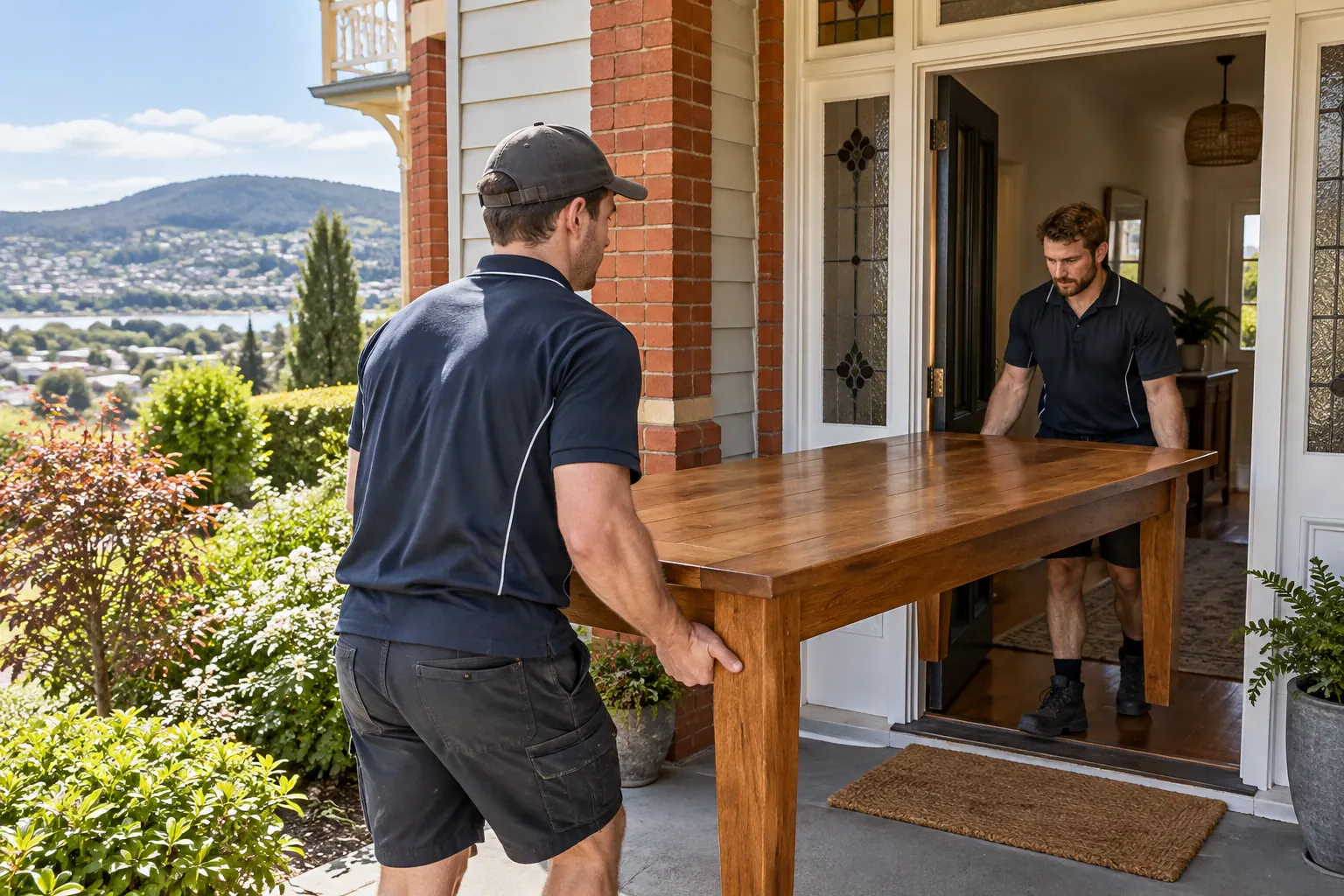 Illustration of two movers handling a timber dining table at a home