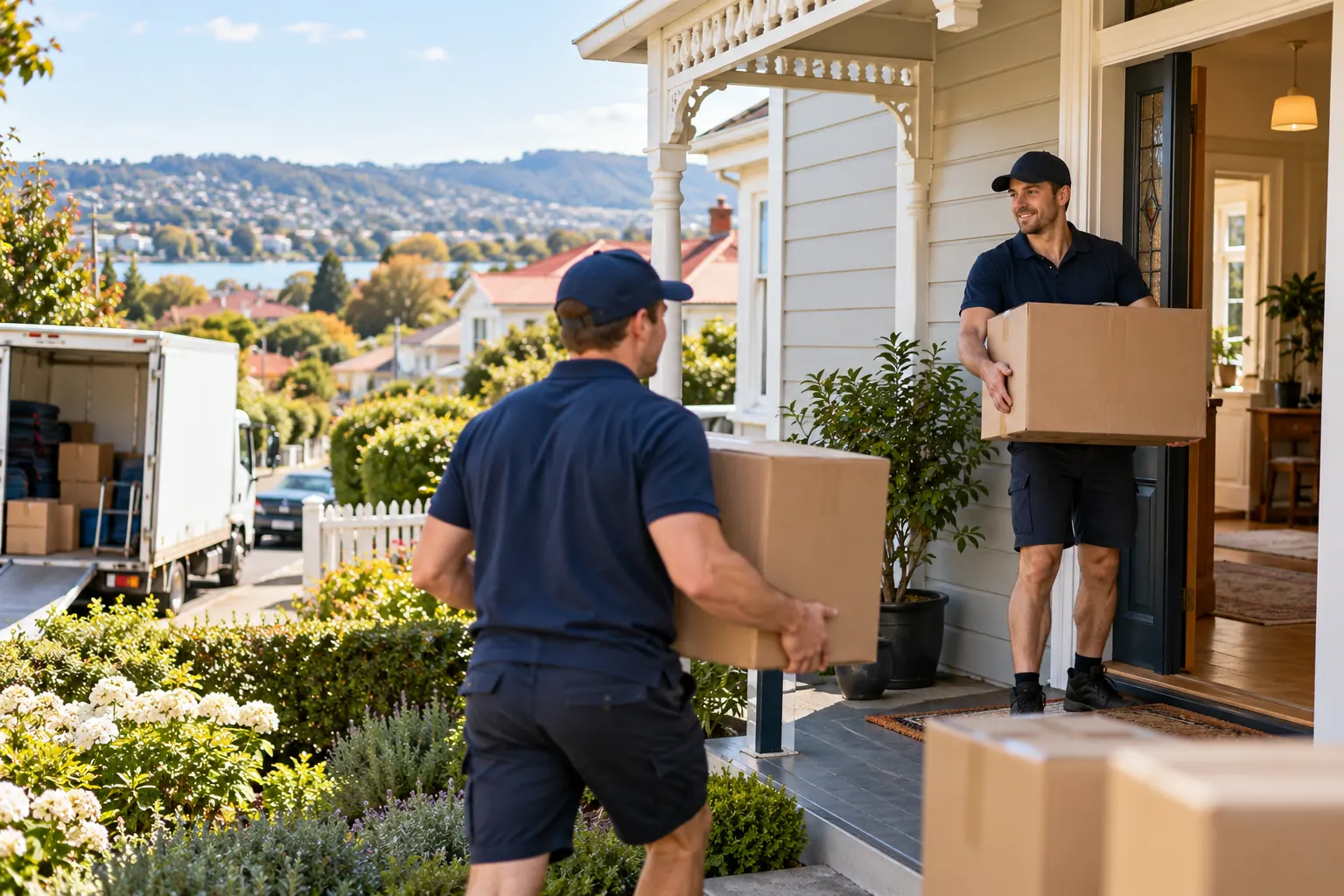 Illustration of movers carrying household cartons at a Launceston home