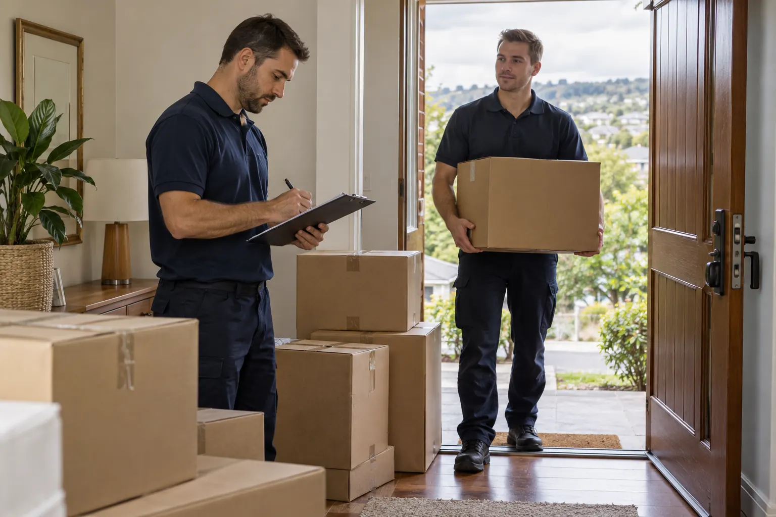 Illustration of movers checking cartons and a moving-day inventory