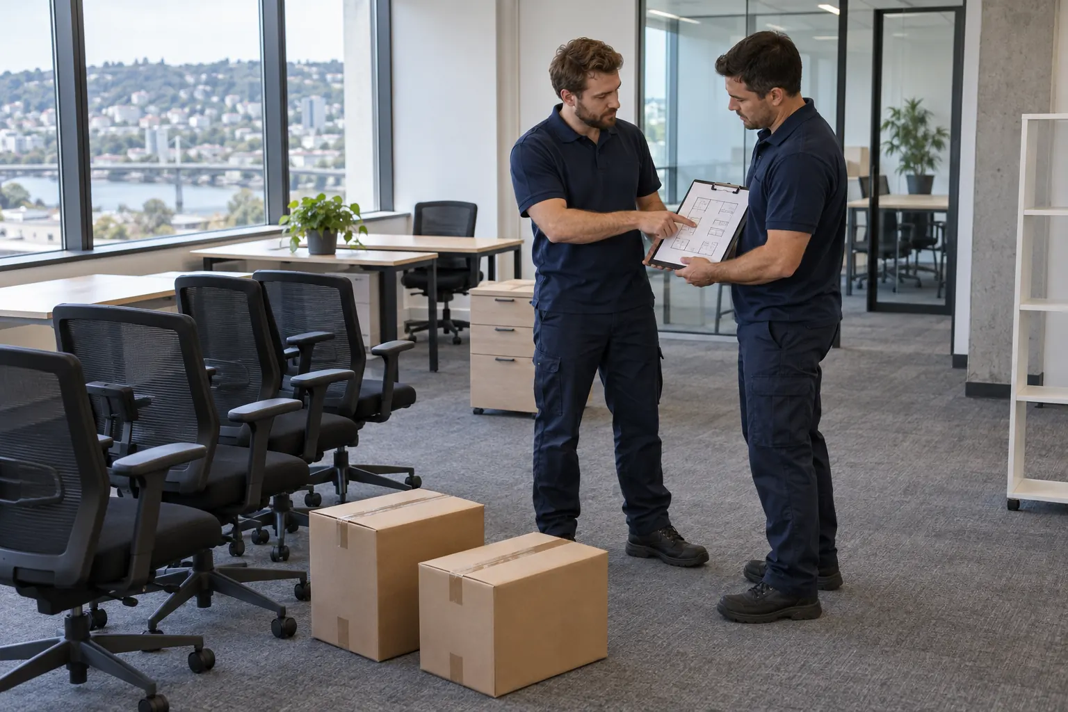 Illustration of movers checking an office floor plan beside chairs and cartons