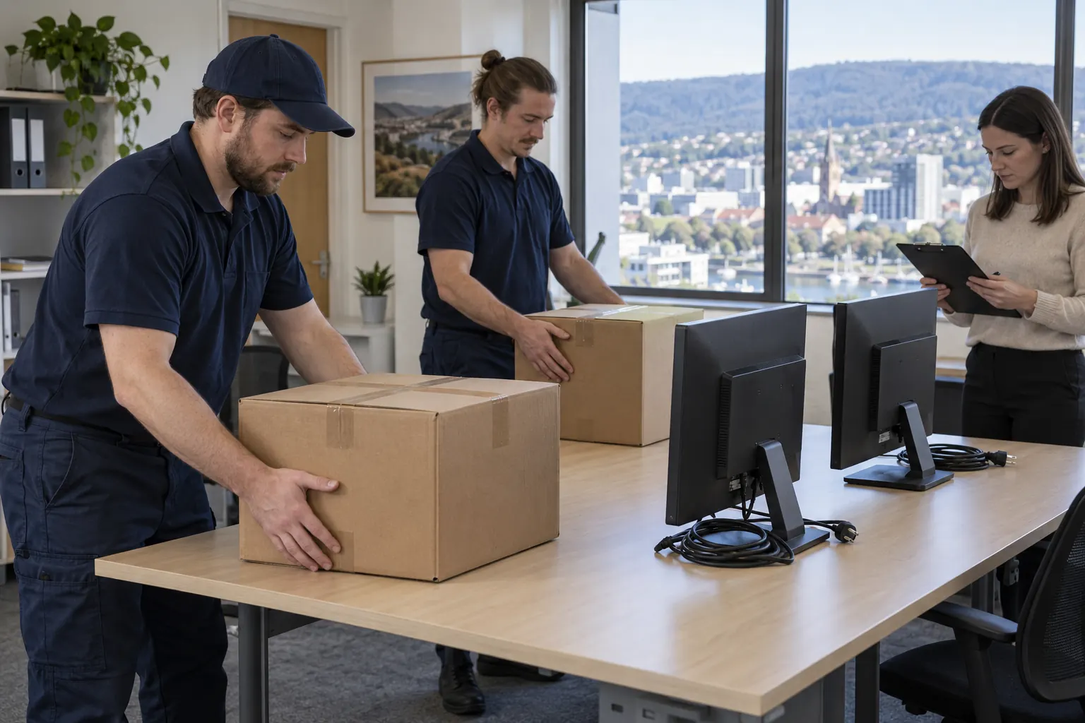 Illustration of office movers preparing packed cartons near unplugged monitors