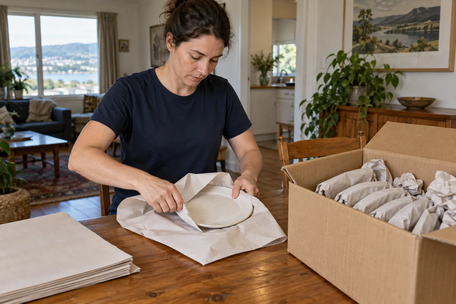 Illustrative scene of a packer wrapping a ceramic plate at a dining table