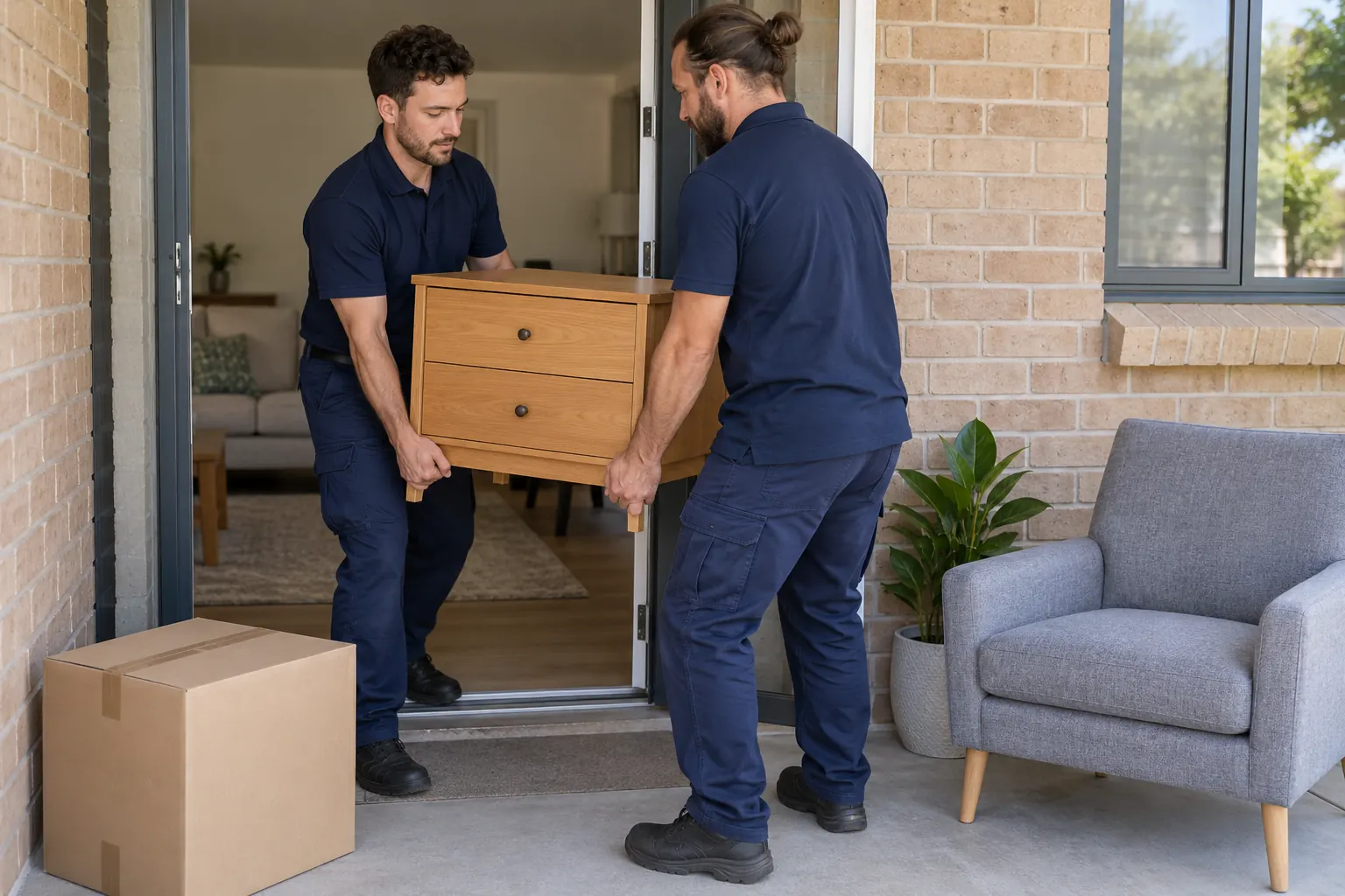 Illustration of two movers carrying a small bedside table through a clear doorway