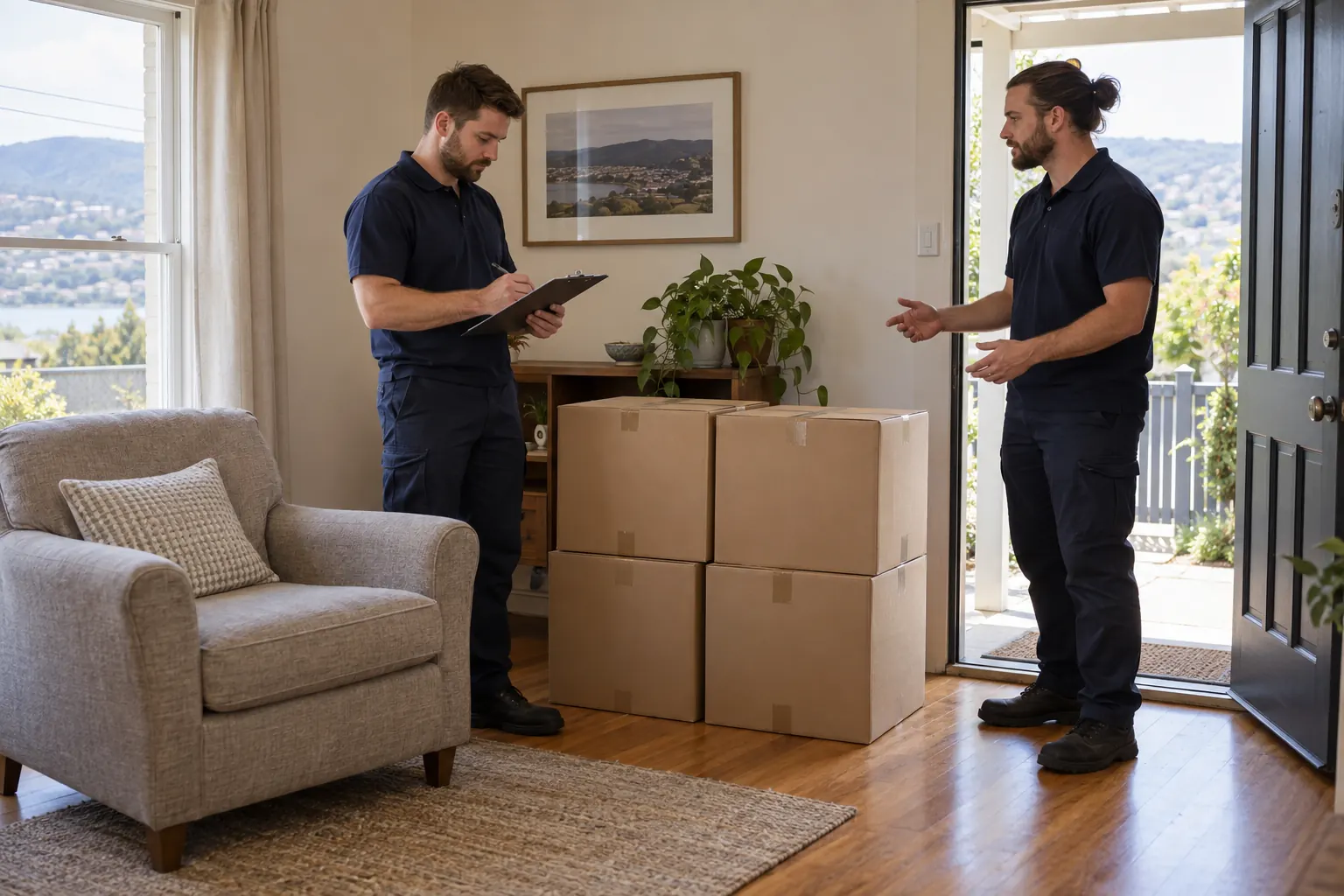 Illustration of movers checking a short furniture and carton inventory