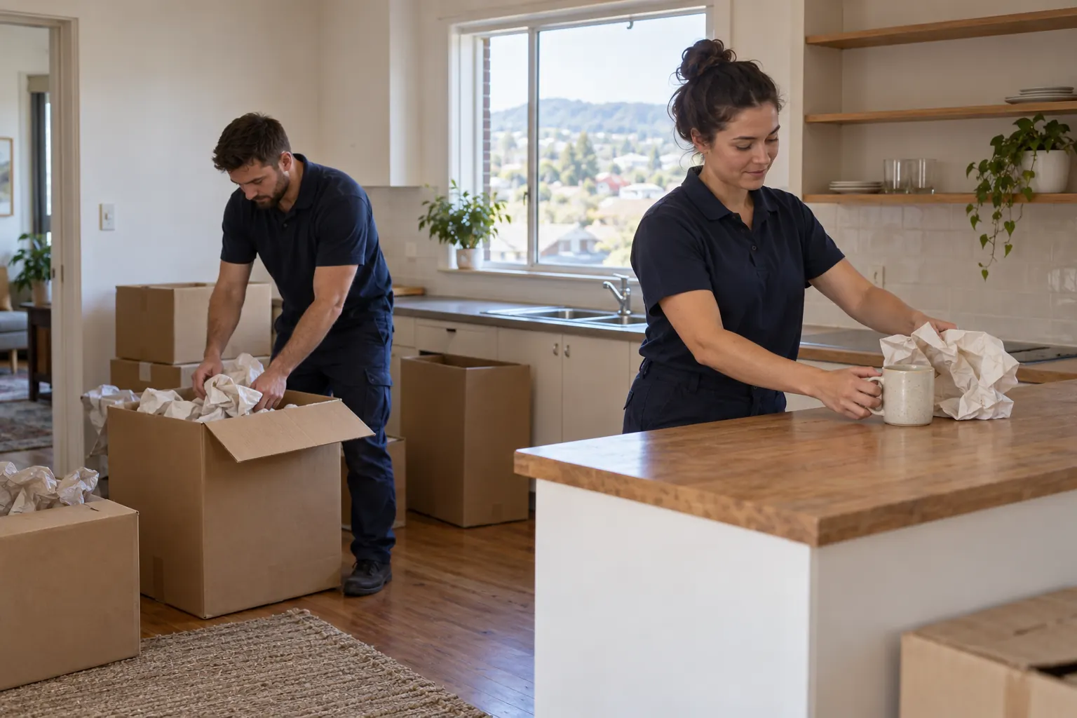 Illustrative scene of movers unpacking a household carton at a kitchen bench