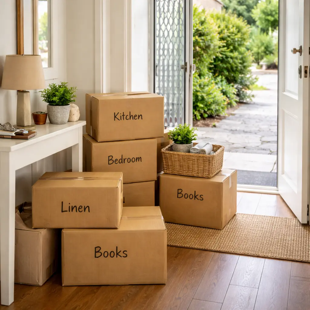 Preparing a Tasmania delivery address with clear access, labelled boxes, and organised move-in space