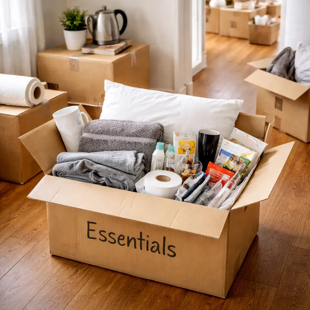 Tasmania first-night box with essentials, chargers, toiletries, bedding, and everyday household items