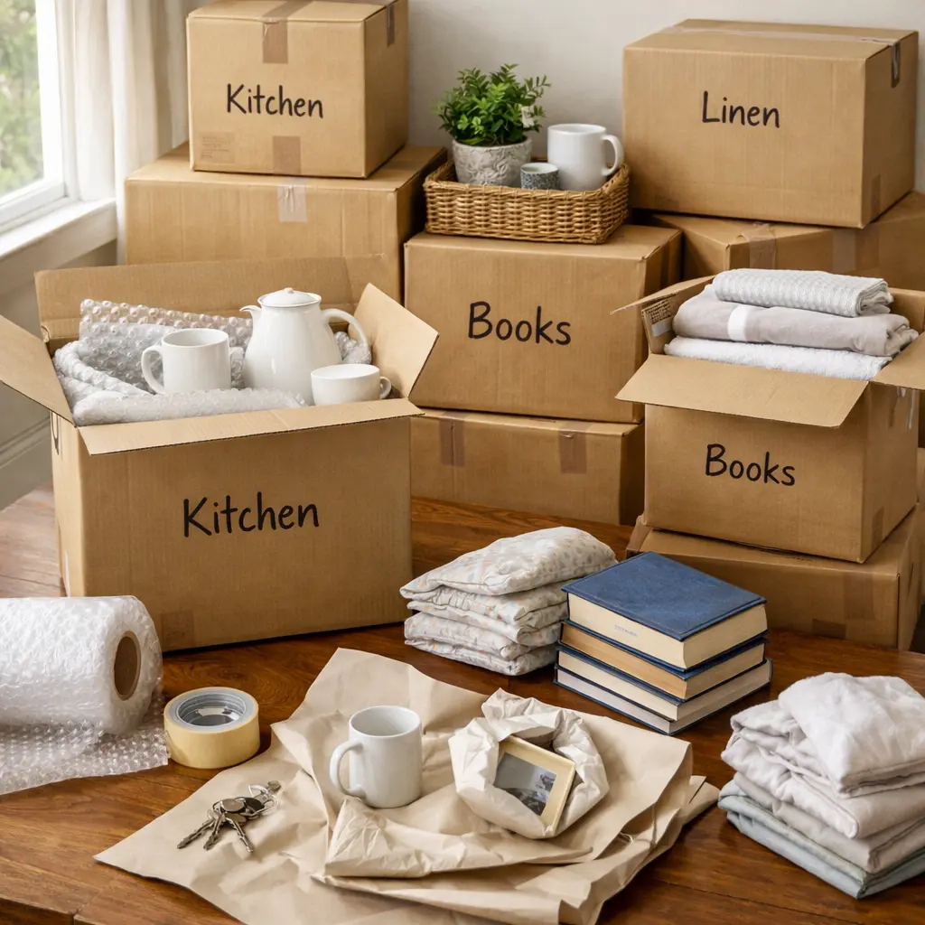 Packing for a move to Tasmania with labelled boxes, wrapping materials, and organised household items