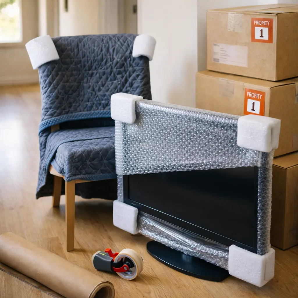 Packed and labelled moving boxes and wrapped furniture prepared for long-distance transport from Tasmania
