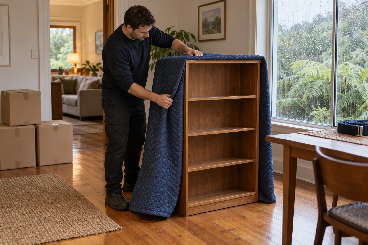 A packer wrapping an empty timber bookcase indoors with rain visible through a nearby window