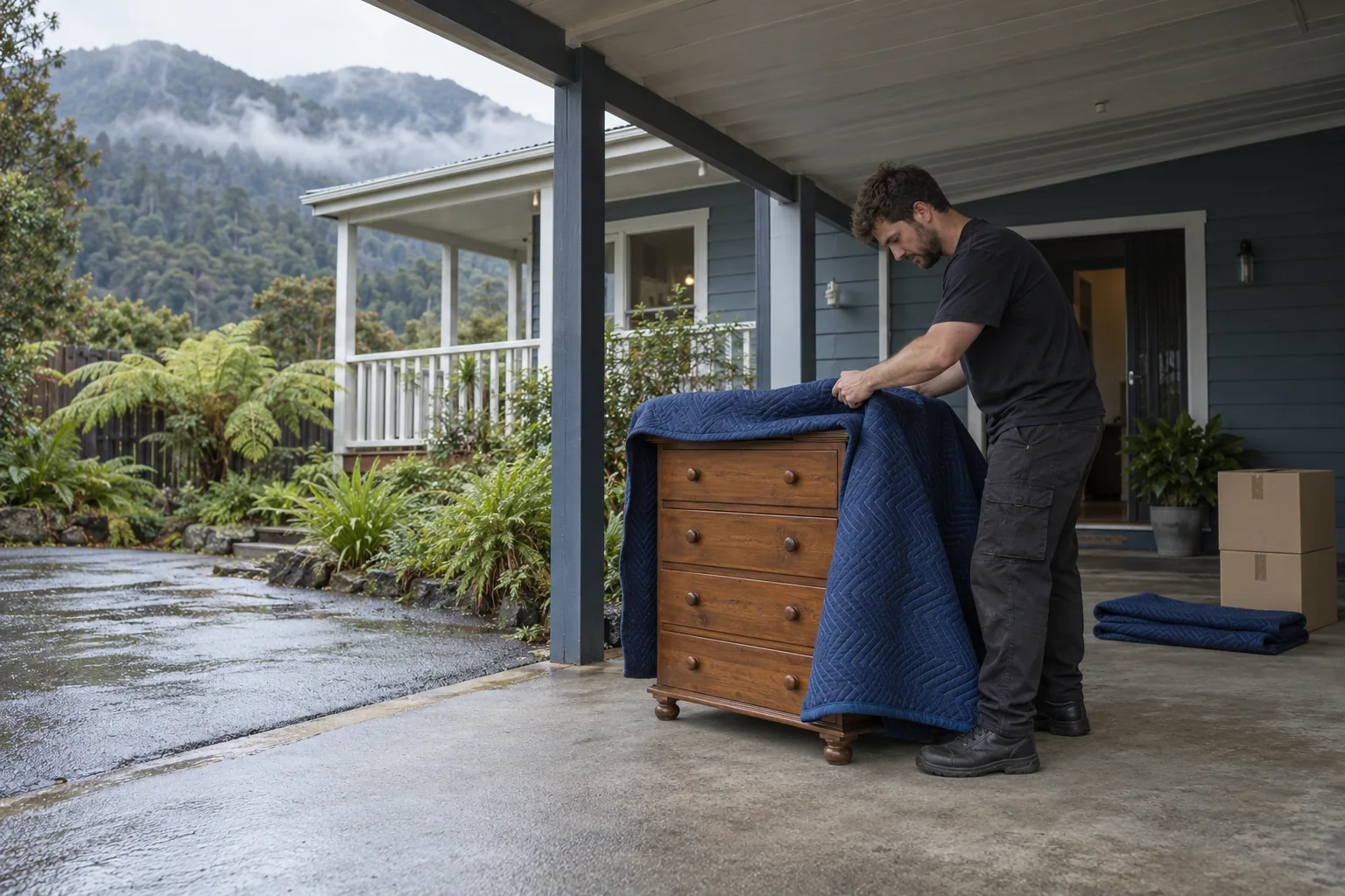 A removal worker protecting a timber chest of drawers under cover beside a home in a forested setting