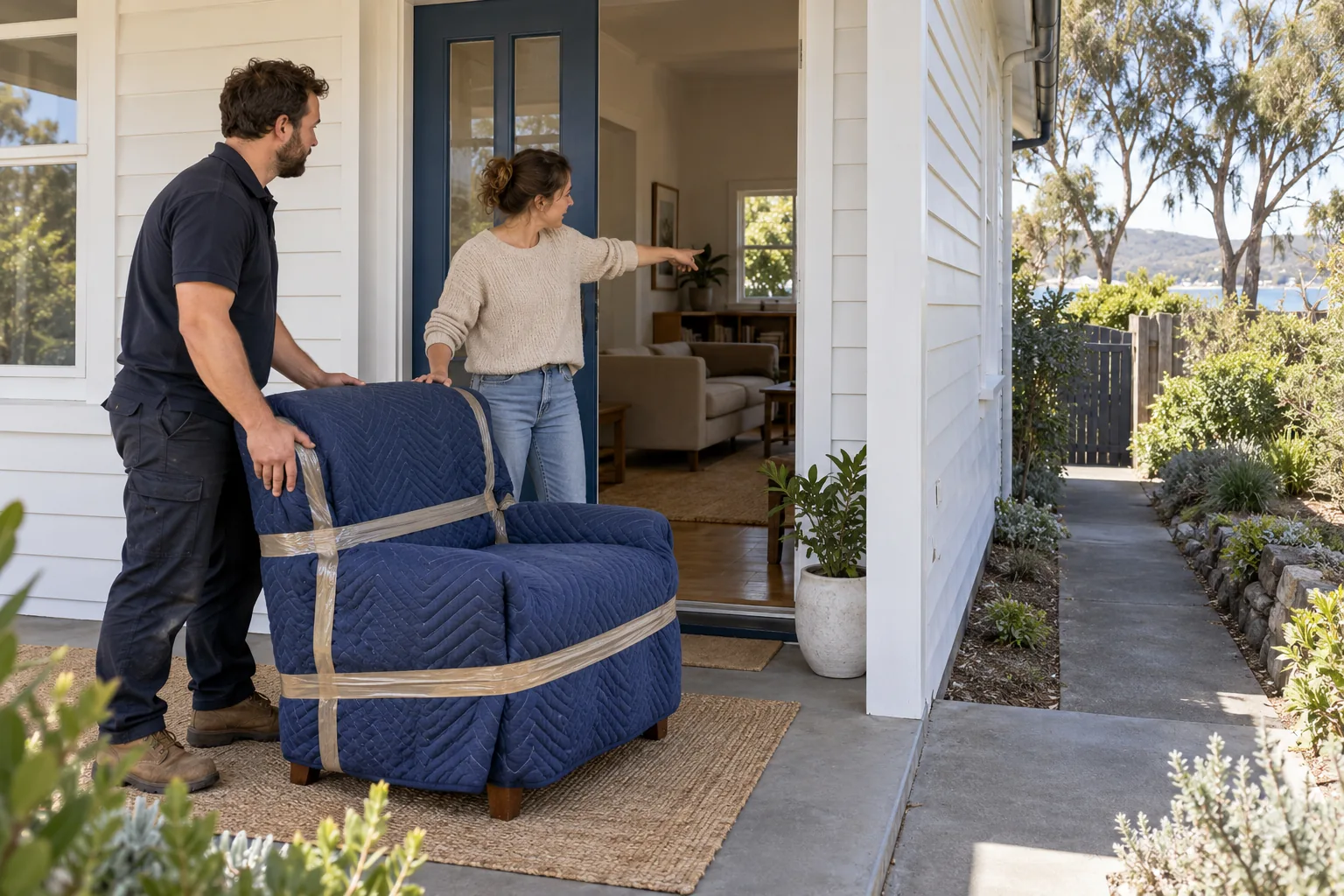 A removal worker beside a protected armchair as a resident indicates its destination inside the home