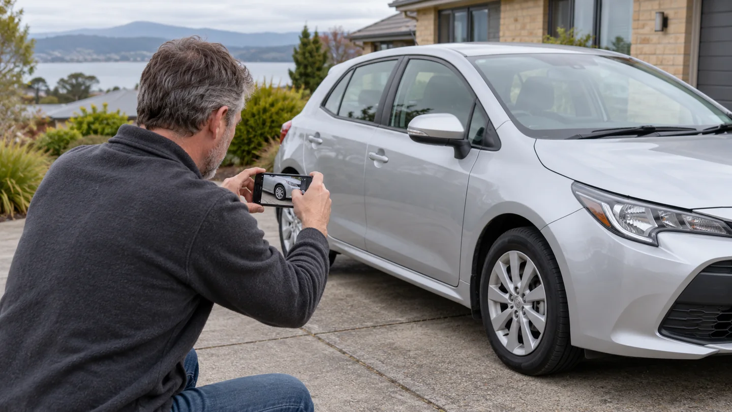 Owner taking condition photographs of a clean car before transport collection in Tasmania.