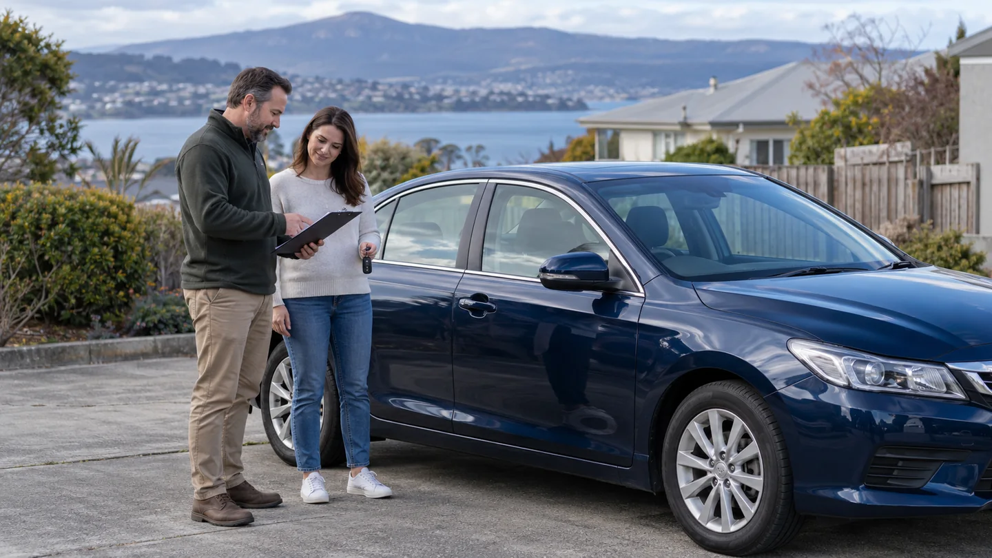 Owner and transport coordinator checking a car and handover record at delivery.