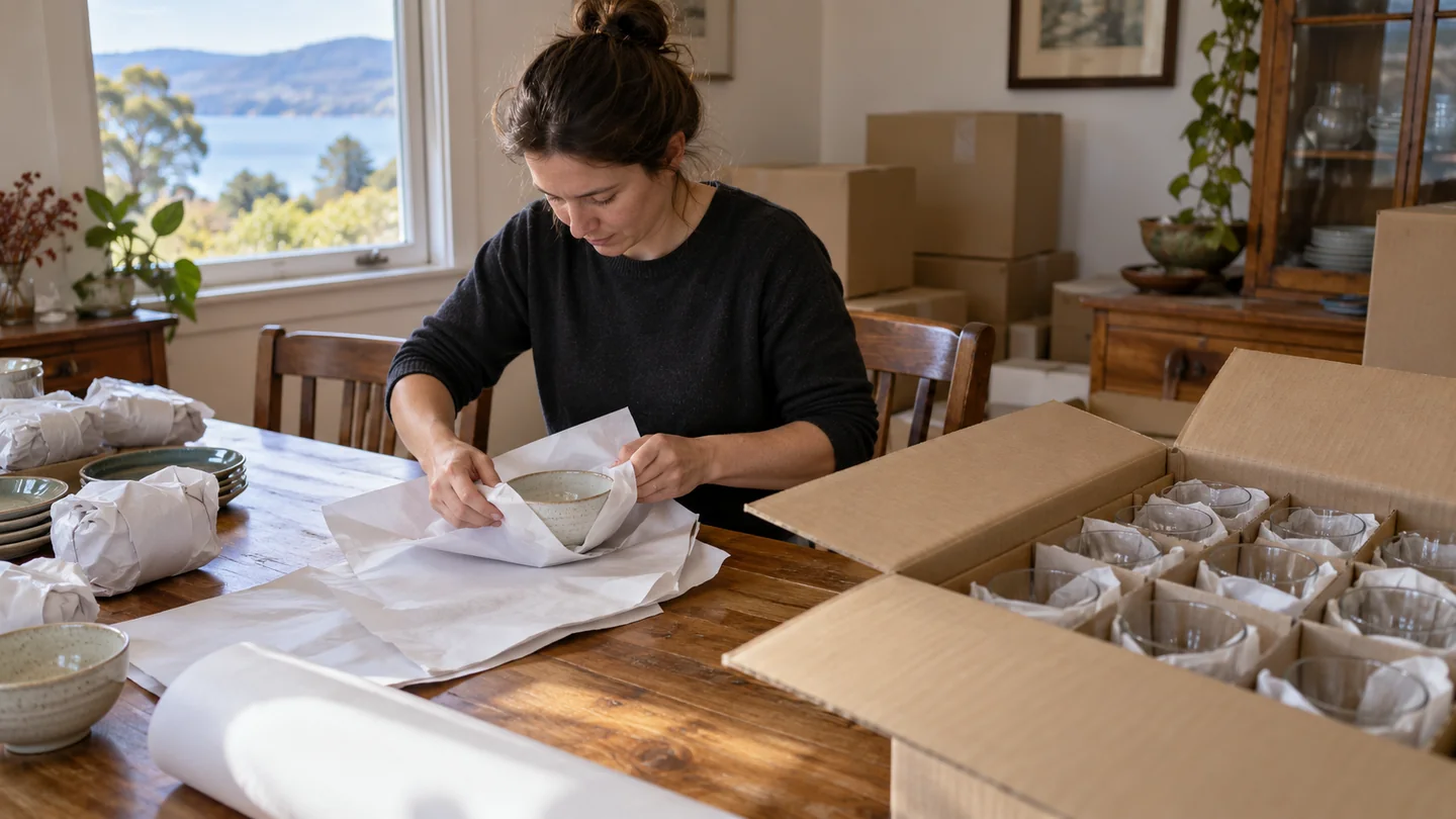 Illustration of a ceramic bowl being wrapped in packing paper beside a protected carton of kitchenware