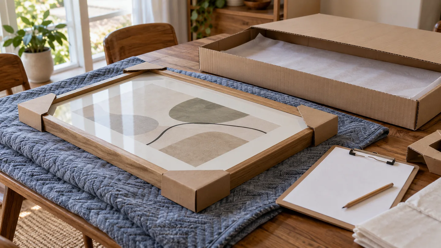 Illustration of a framed picture with protective corner guards beside a rigid picture carton