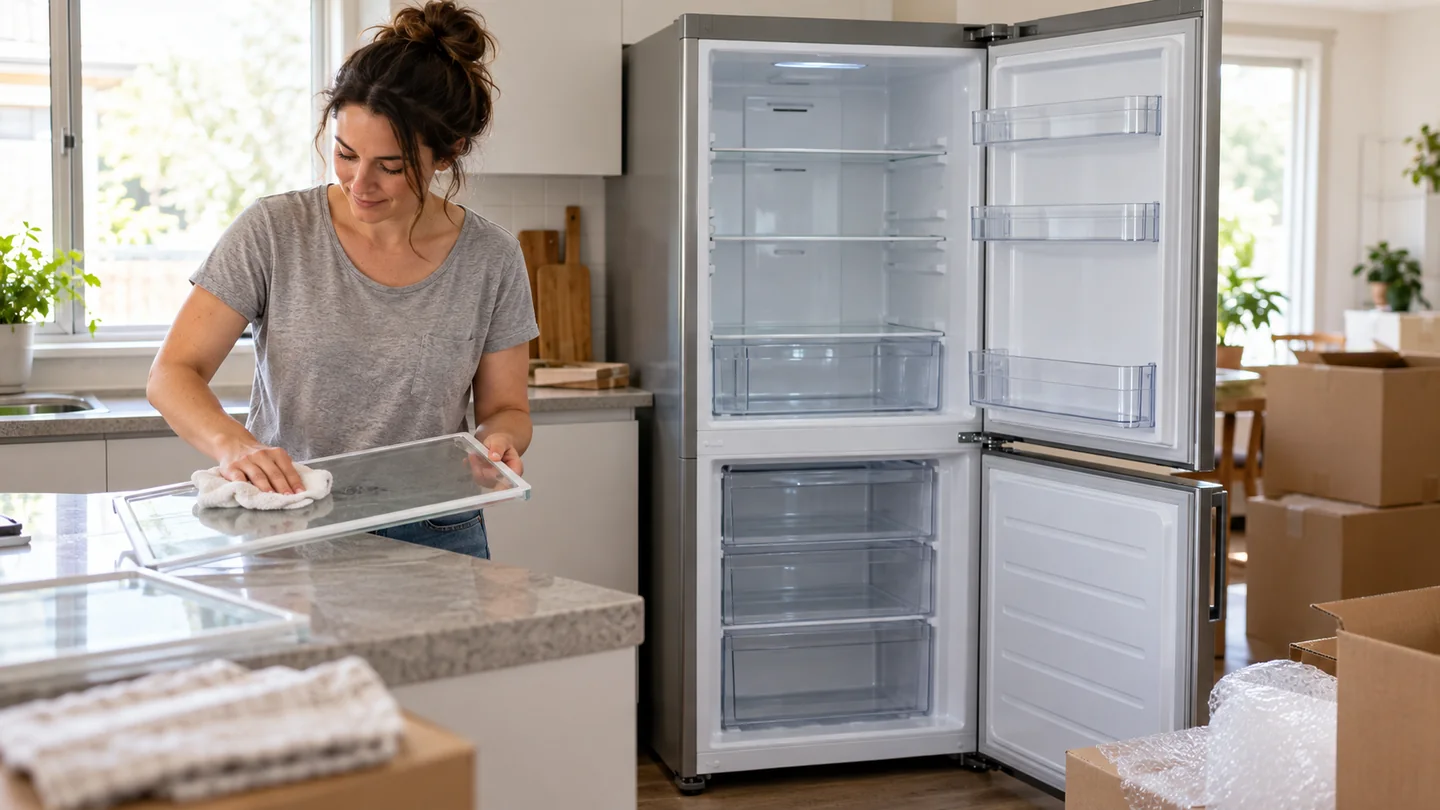 Empty upright fridge-freezer and a removable shelf being cleaned before a household move.