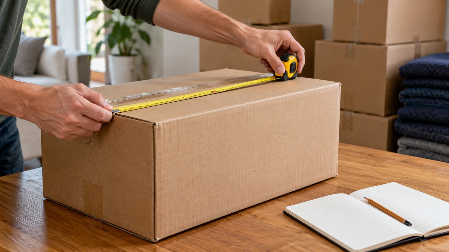 Illustration of measuring a sealed moving carton for a furniture volume and box inventory