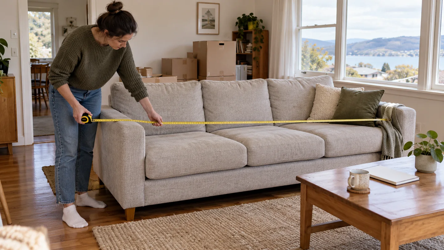 Illustration of a homeowner using a tape measure while preparing a sofa for a moving inventory