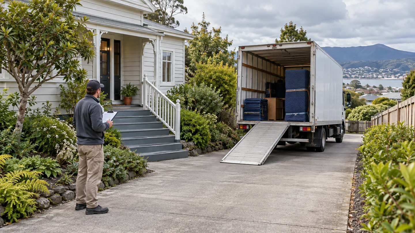 Illustration of a moving coordinator checking a clear driveway and front entrance at a Hobart home