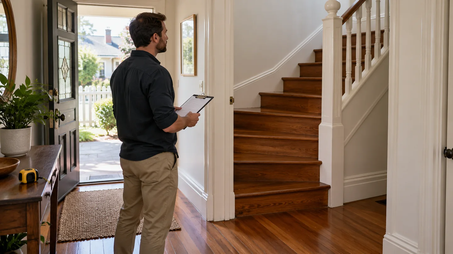 Illustration of a moving coordinator assessing a clear indoor staircase and doorway before a furniture move